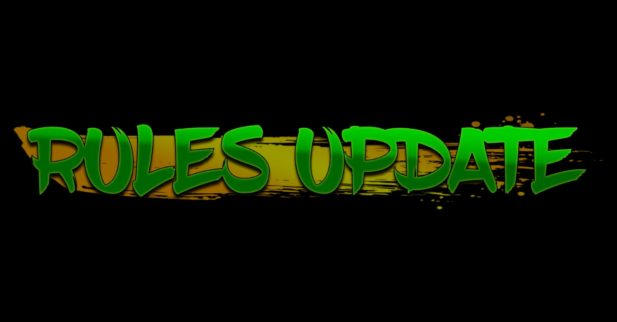 Featured image for a new update of the rules. It reads "rules update" in the font of the Emerald Legacy.