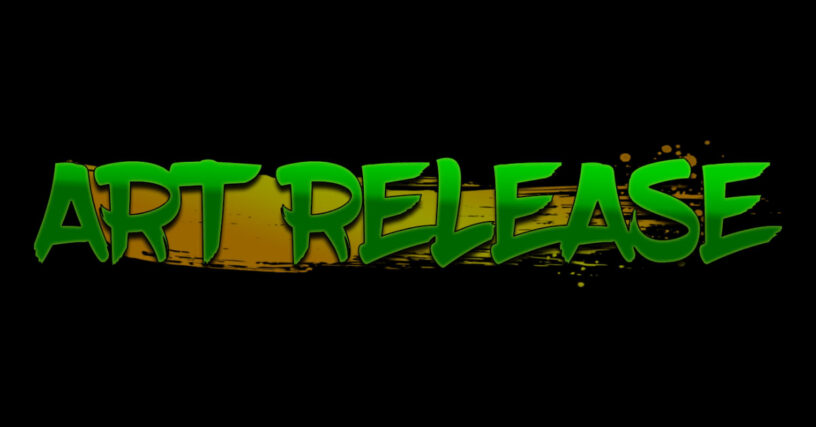 Featured Image for blog posts that contain new art. It says "Art Release" in emerald letters on a black background.