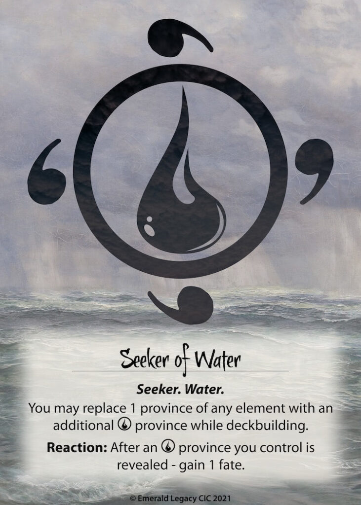 Seeker of Water role card, depicting the elemental symbol for Water surrounded by four symbols for seeker as well as the rules text for this role. The background is the open ocean.