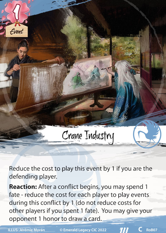Card image of Crane Industry, a new event for the Crane clan, replacing a card that rotates out of the card pool.