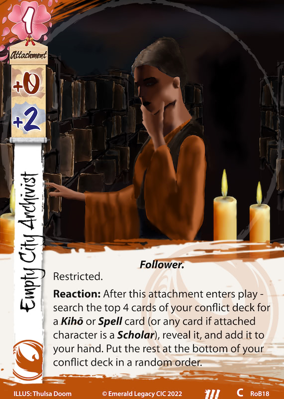 Card image of Empty City Archivist, a new attachment for the Phoenix clan, replacing a card that rotates out of the card pool.