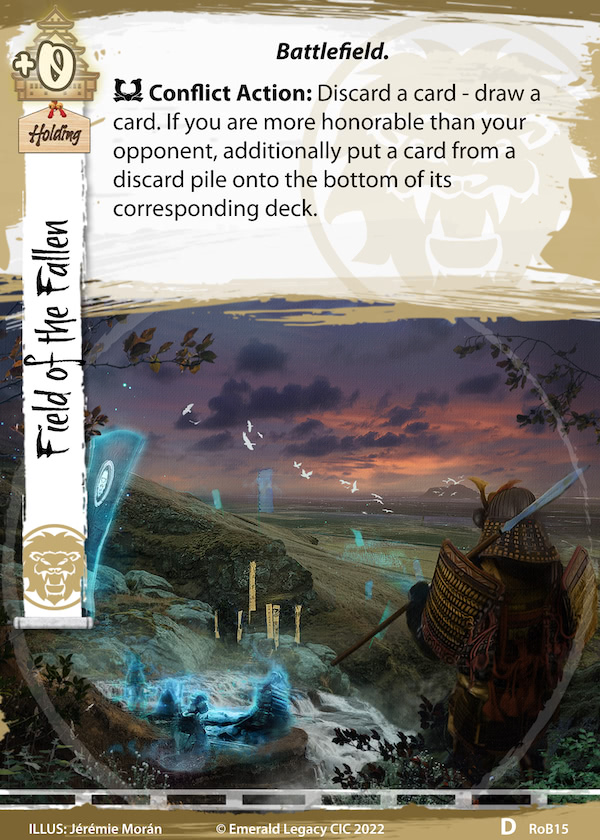 Card image of Field of the Fallen, a new holding for the Lion clan, replacing a card that rotates out of the card pool.