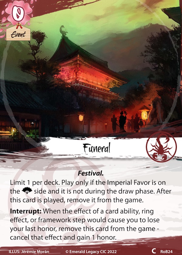 Card image of Funeral, a new event for the Scorpion clan, replacing a card that rotates out of the card pool.
