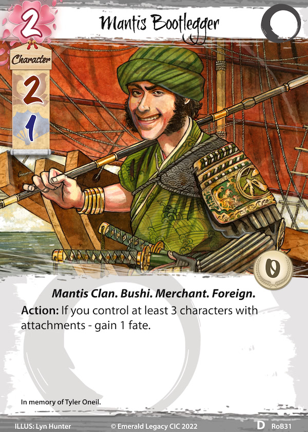 Card image of Mantis Bootlegger, a new neutral character. It's a card to honour a deceased player, Tyler Oneil.