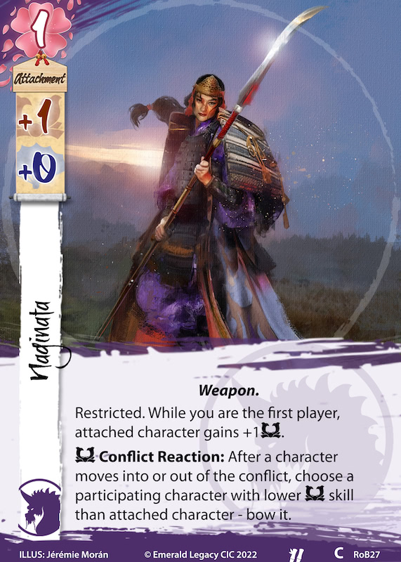 Card image of Naginata, a new attachment for the Unicorn clan, replacing a card that rotates out of the card pool.