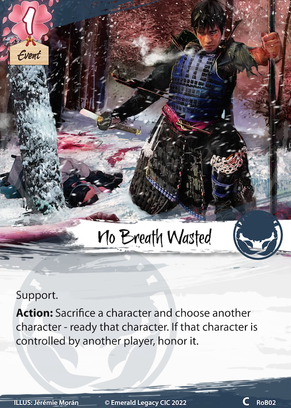 Card image of No Breath Wasted, a new Event for the Crab clan, replacing a card that rotates out of the card pool.