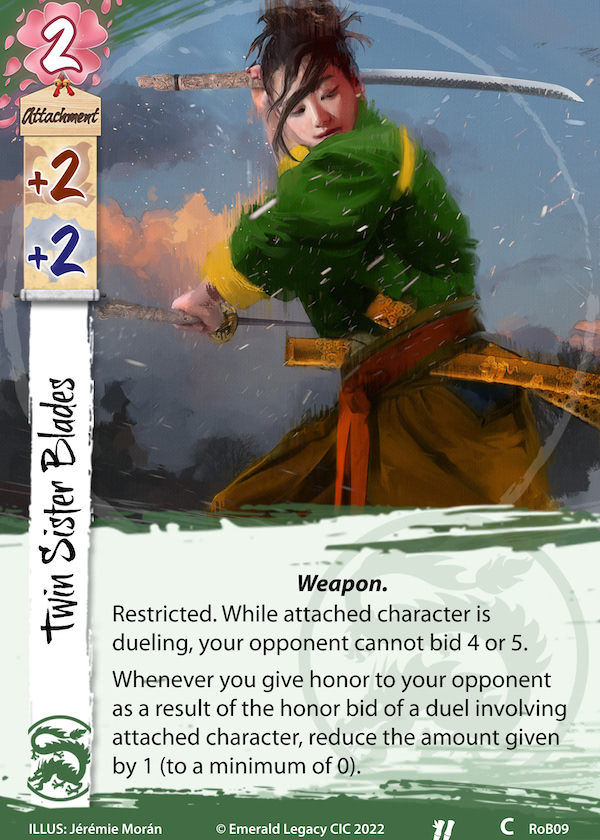 Card image of Twin Sister Blades, a new attachment for the Dragon clan, replacing a card that rotates out of the card pool.