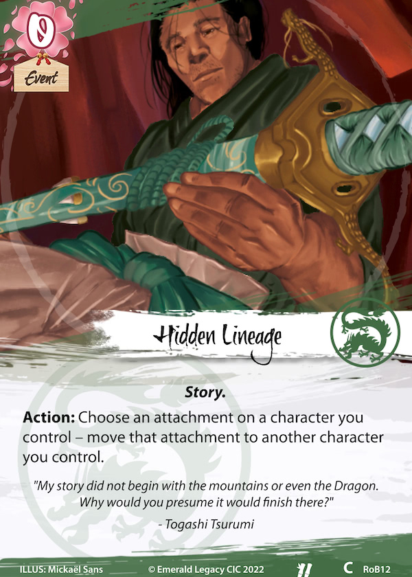 Card image of Hidden Lineage, a new attachment for the Dragon clan, replacing a card that rotates out of the card pool.