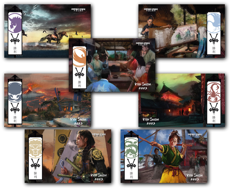 Hatamoto playmats for each clan. Each playmat has an image of Jérémie Morán, the clan mon and our hatamoto mon.