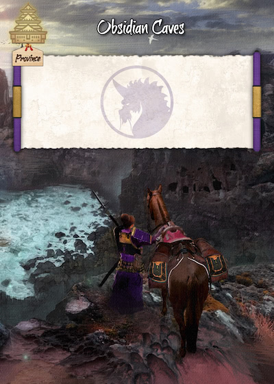 Promo version of the Unicorn province "Obsidian Caves", showing a unicorn samurai and her horse standing atop a cliff, looking down to Obsidian caves.