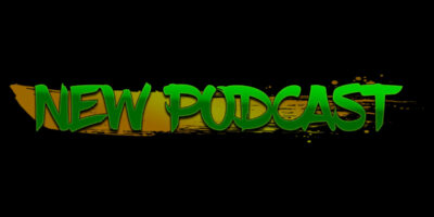 Featured image for a post about our podcast. It reads "New Podcast" in the font of the Emerald Legacy.
