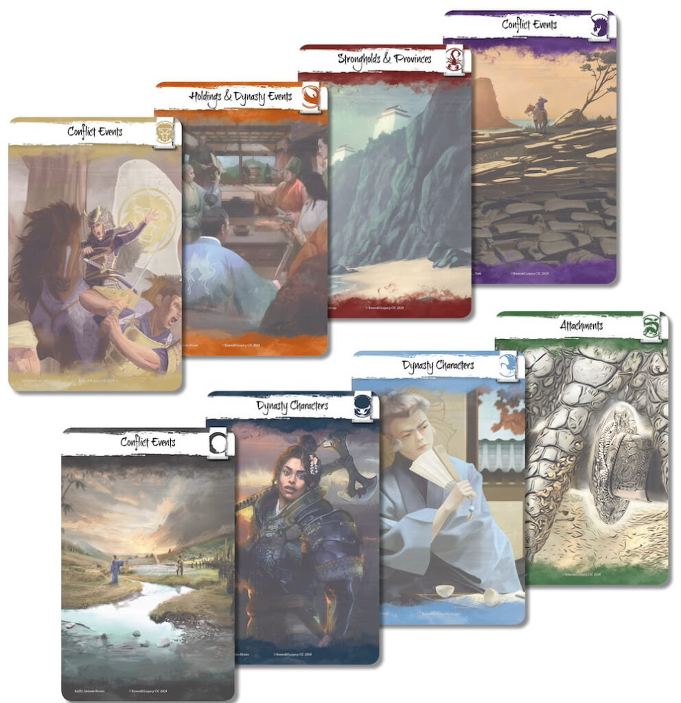 A set of eight different divider cards, one of each clan and a neutral one with clan-specific artwork, in vertical format.