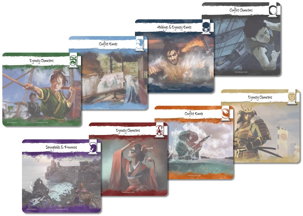 A set of eight different divider cards, one of each clan and a neutral one with clan-specific artwork, in horizontal format.