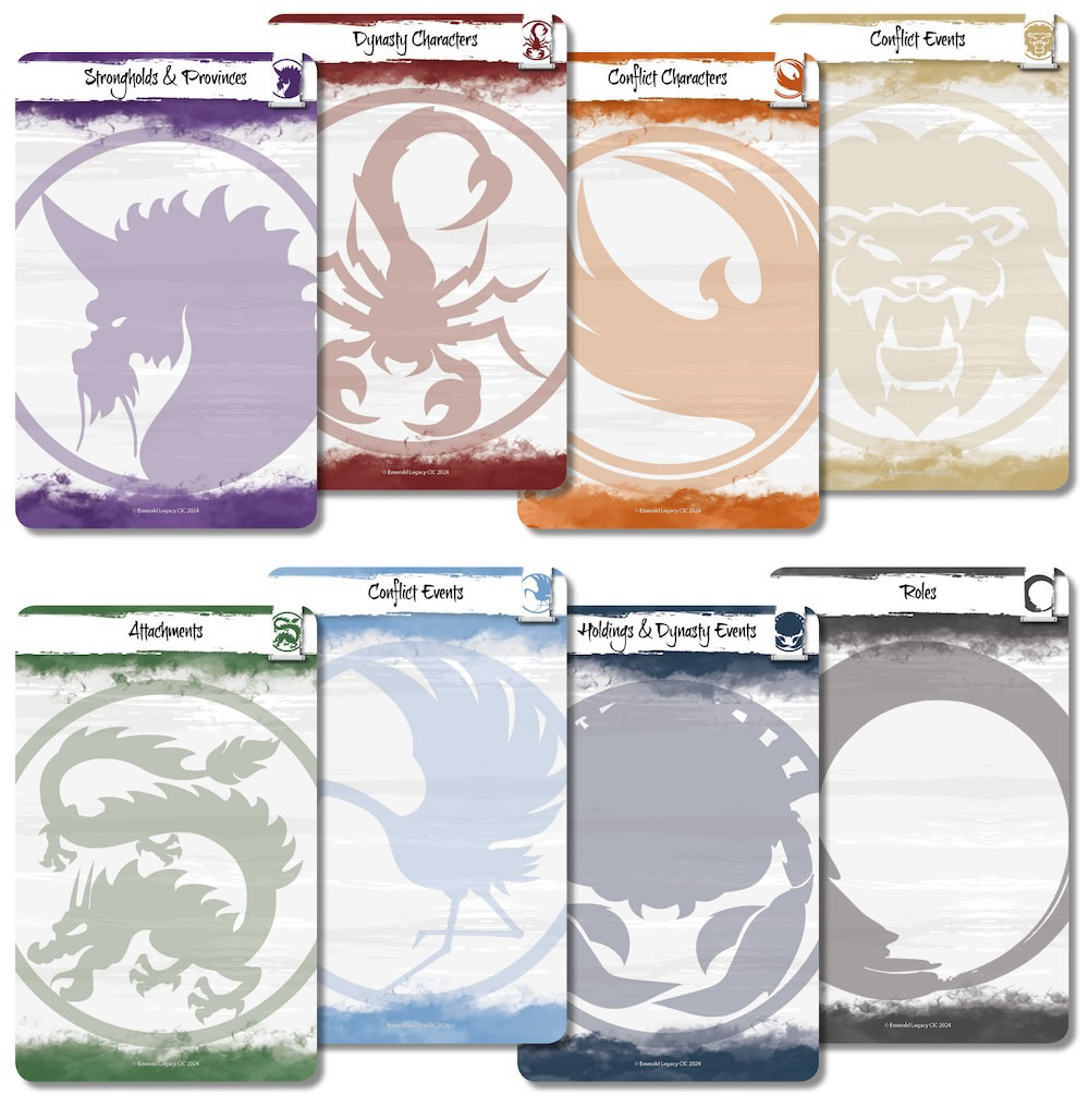 A set of eight different divider cards, one of each clan and a neutral one with the clan mon as artwork, in vertical format.