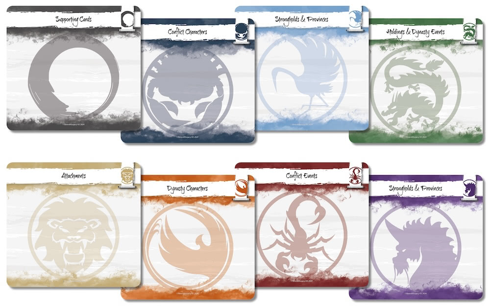 A set of eight different divider cards, one of each clan and a neutral one with the clan mon as art, in horizontal format.