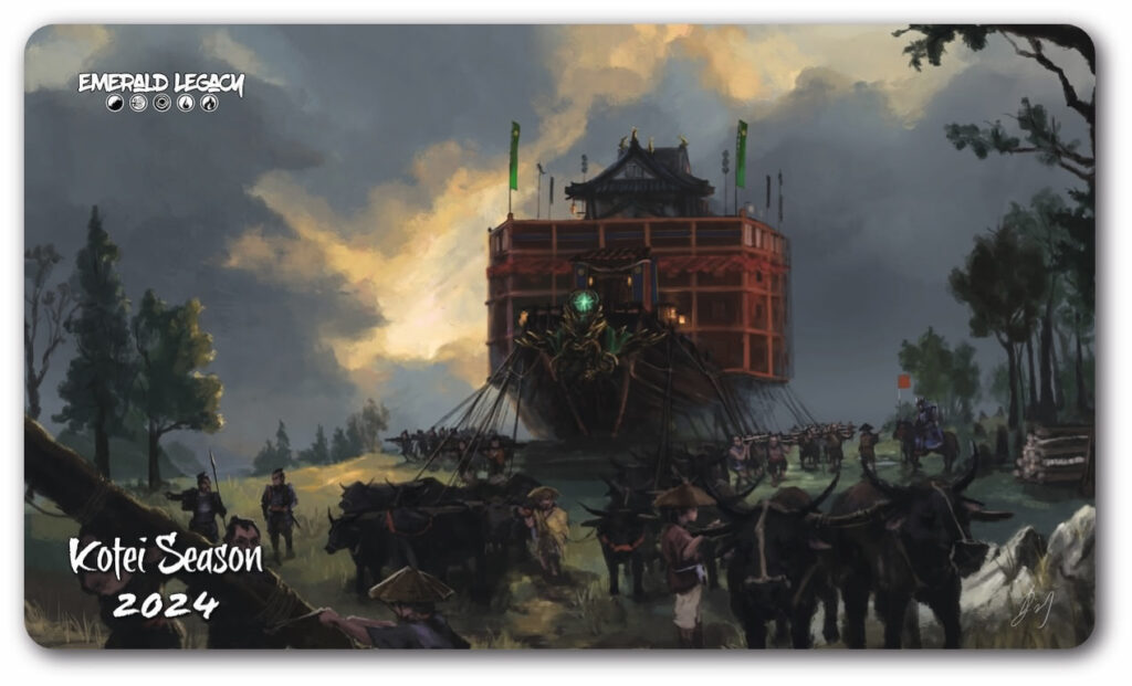 Image of the participation playmat, depicting a scene from the story "Foundations of Hope". The ship of the empress is rolled on trees and pulled by oxen, samurai, and imperial servants. 