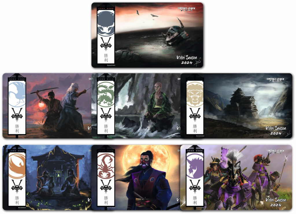 Image with all seven Hatamoto playmats. Each playmat features one iconic artwork of the clan from our Emerald Core Set. 