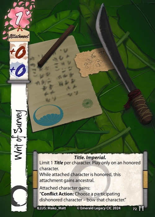 Promo card of the Writ of Survey, containing the mon of the Pearl Champion next to the Imperial mon.